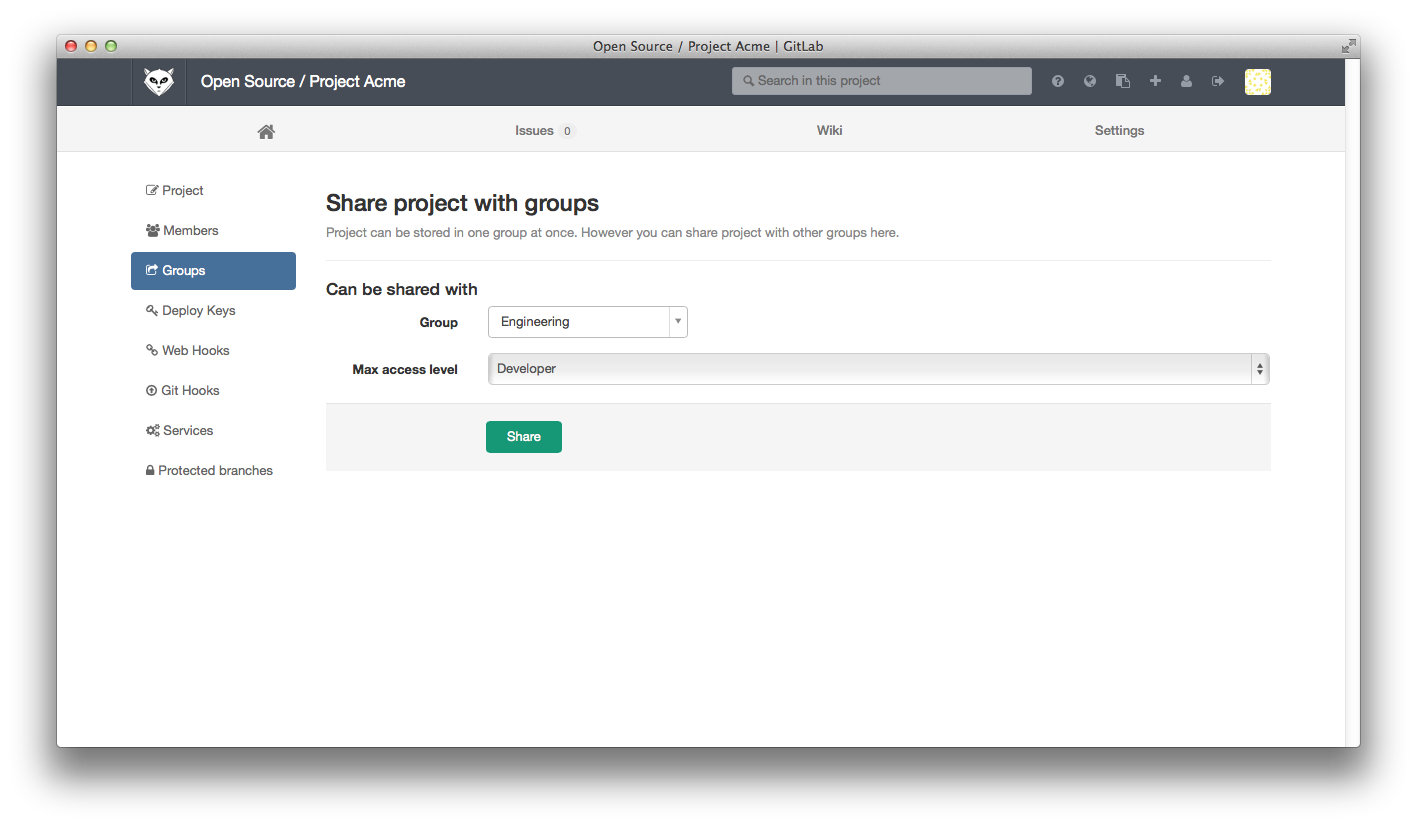 The 'Groups' section in the project settings screen (Enterprise Edition only)